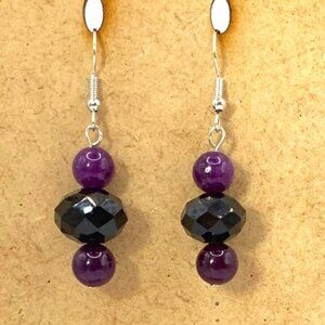 Purple Amethyst & Black Glass Handmade Pierced Earrings Elegant LA103